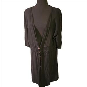 Black Cotton Tunic length Button-down Topper Crochet Detail Large